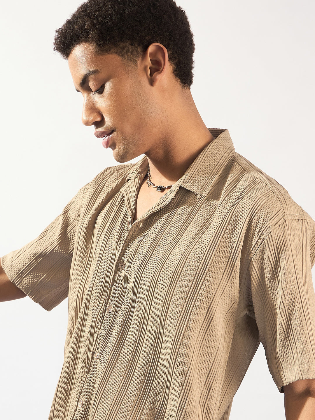 Light Brown: Self Design Oversized Casual Shirt