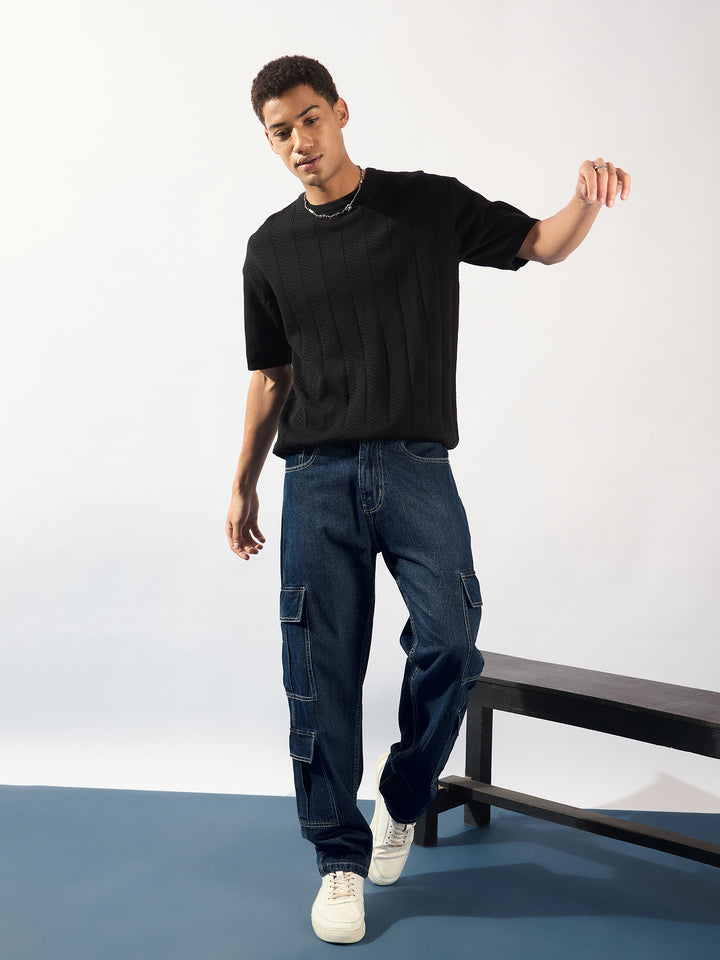 Black: Relaxed Round Neck Knitted T-Shirt