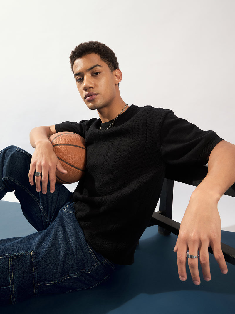 Black: Relaxed Round Neck Knitted T-Shirt