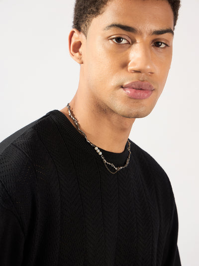 Black: Relaxed Round Neck Knitted T-Shirt