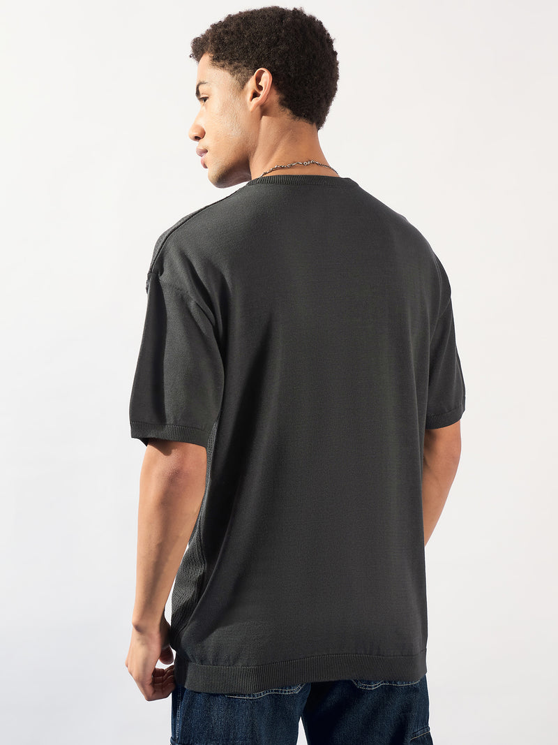 Charcoal: Relaxed Round Neck Knitted T-Shirt