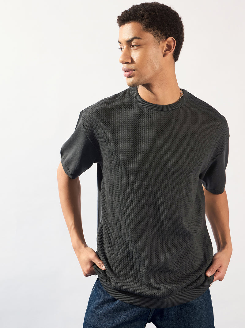 Charcoal: Relaxed Round Neck Knitted T-Shirt
