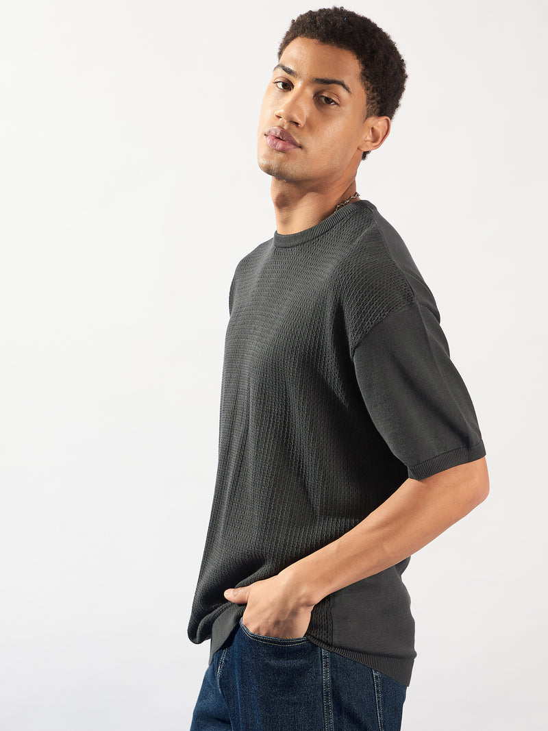 Charcoal: Relaxed Round Neck Knitted T-Shirt