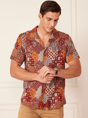 Maroon: Half Sleeves Block Printed Shirt