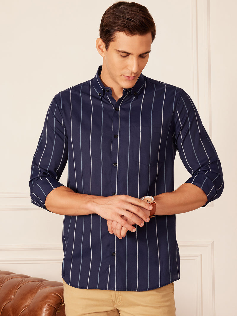 Navy Blue & White: Full Sleeve Button-Down Collar Striped Shirt