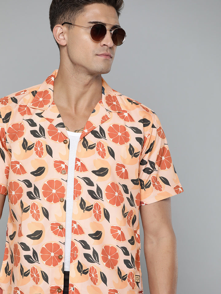 DENNISON Men Peach-Coloured Smart Slim Fit Floral Printed Casual Shirt