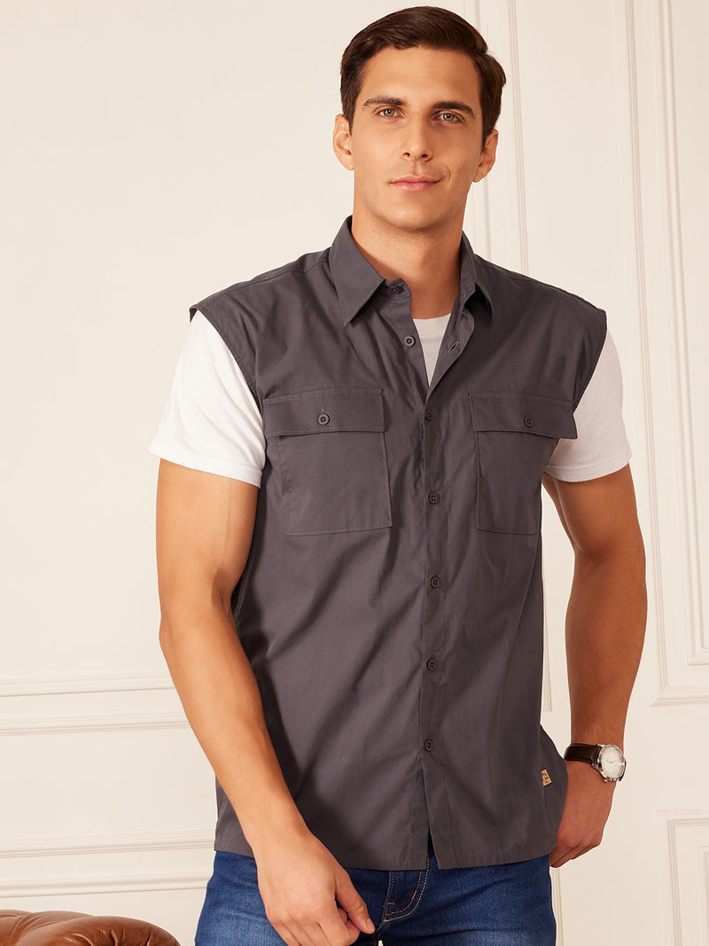 Grey: Sleeveless Cotton Casual Shirt