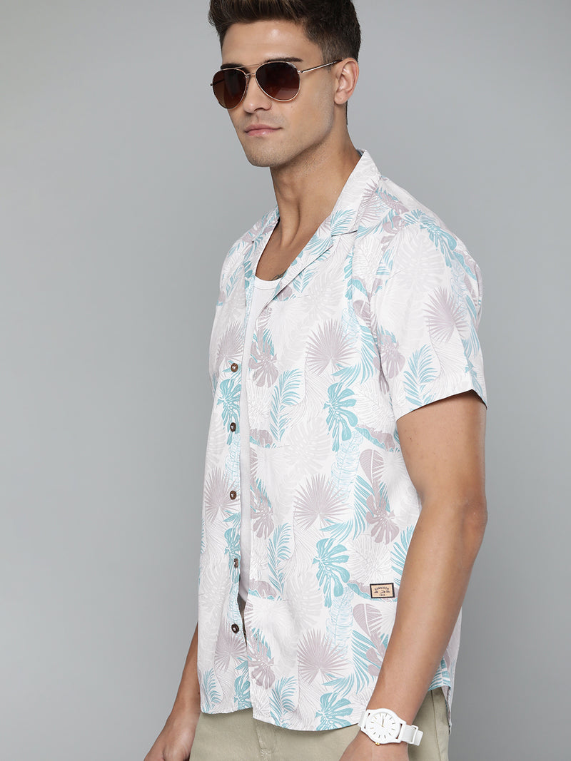 DENNISON Men White Smart Slim Fit Floral Printed Casual Shirt