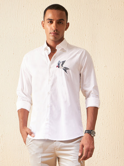 White: Full Sleeves Slim Fit Embroidery Shirt