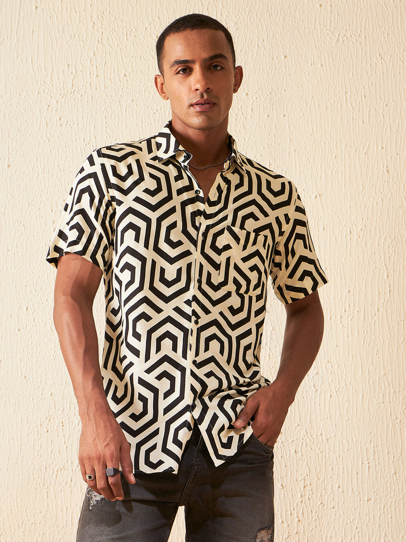 DENNISON Men Cream-coloured Block Printed Shirt