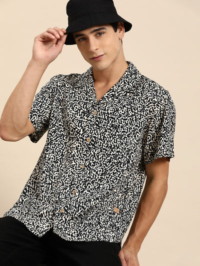 Cream & Black: Half Sleeves Cuban Collar Abstract Printed Shirt