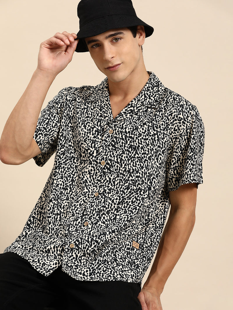 Cream & Black: Half Sleeves Cuban Collar Abstract Printed Shirt