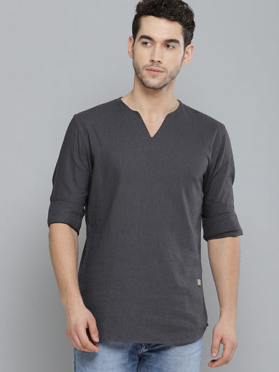 DENNISON Men Charcoal Grey Solid Comfort Fit Straight Kurta