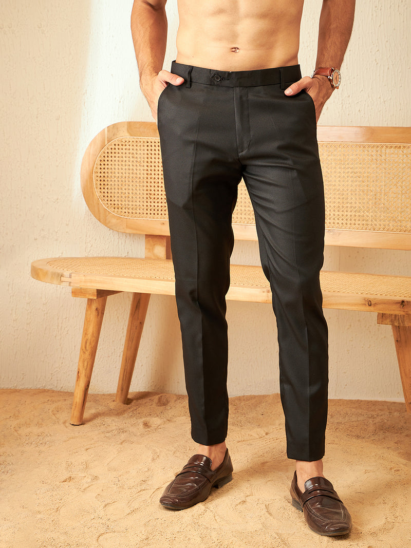 DENNISON Men Black Textured Smart Tapered Fit Easy Wash Trousers