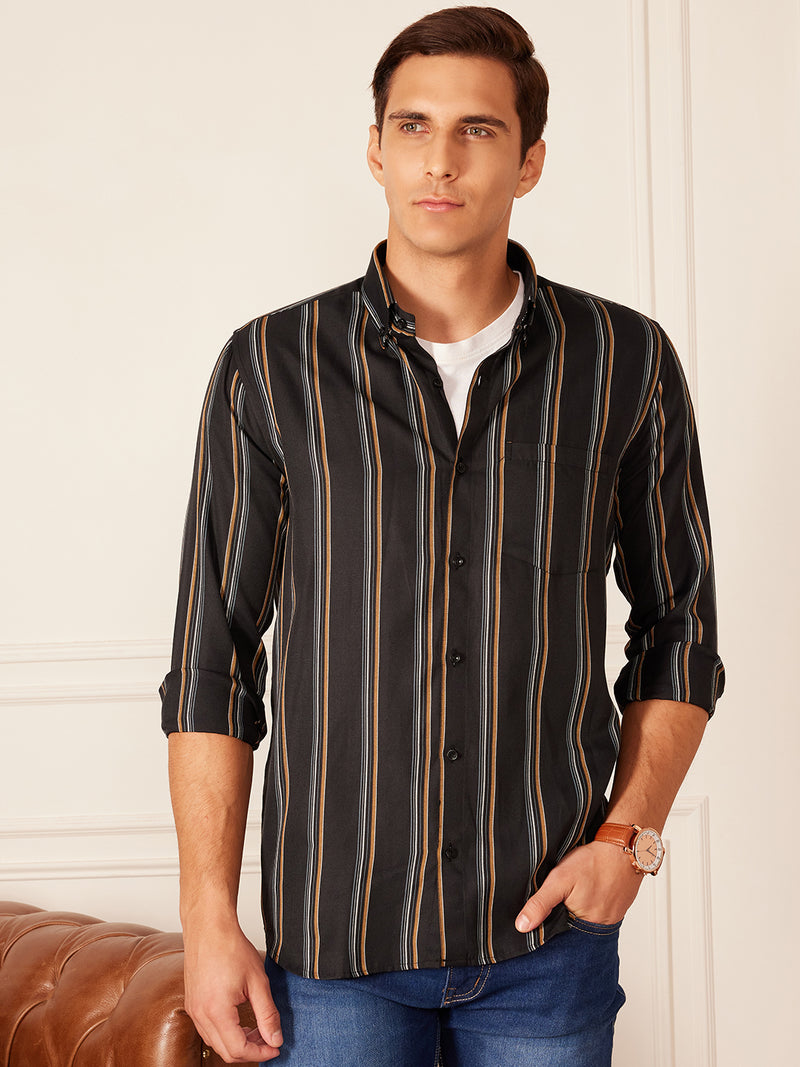 Black: Full Sleeve Button-Down Collar Striped Shirt