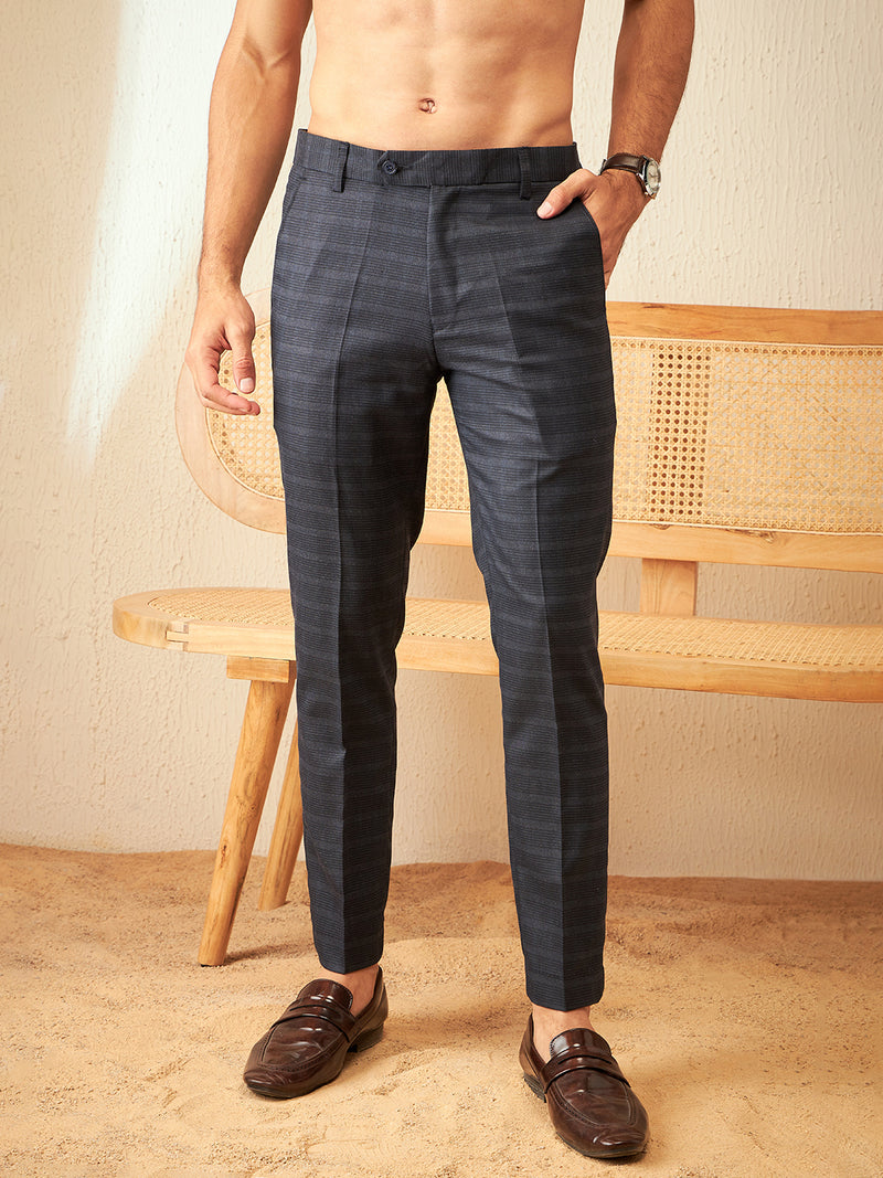 DENNISON Men Checked Smart Tapered Fit Easy Wash Blue Trouser