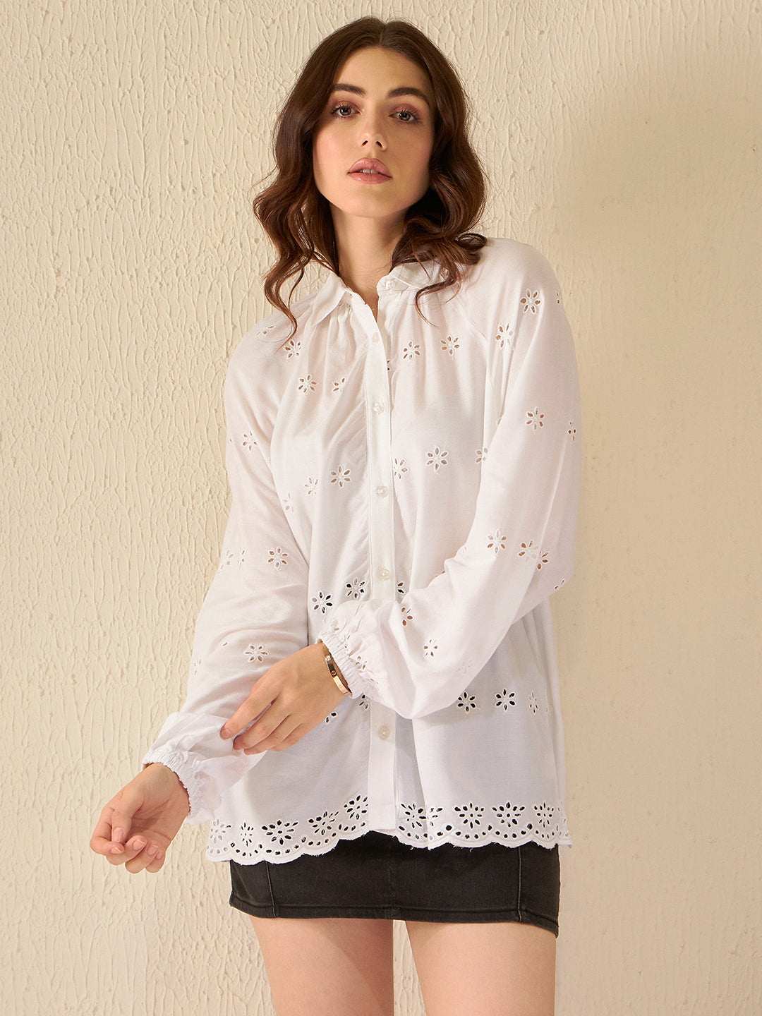 DENNISON Smart Floral Puff Sleeves Casual Longline Shirt