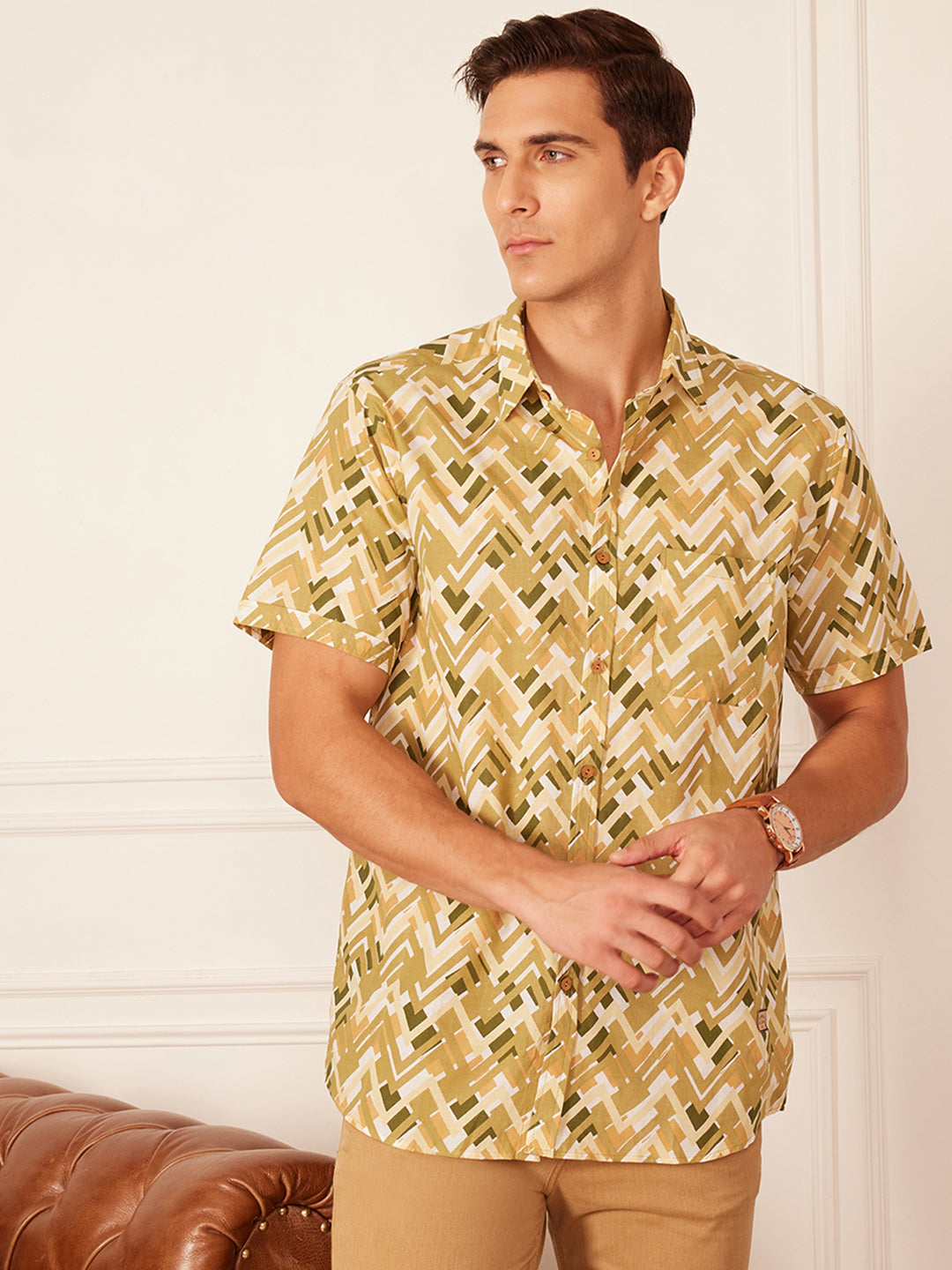 Men's Beige Abstract Printed Cotton Casual Shirt