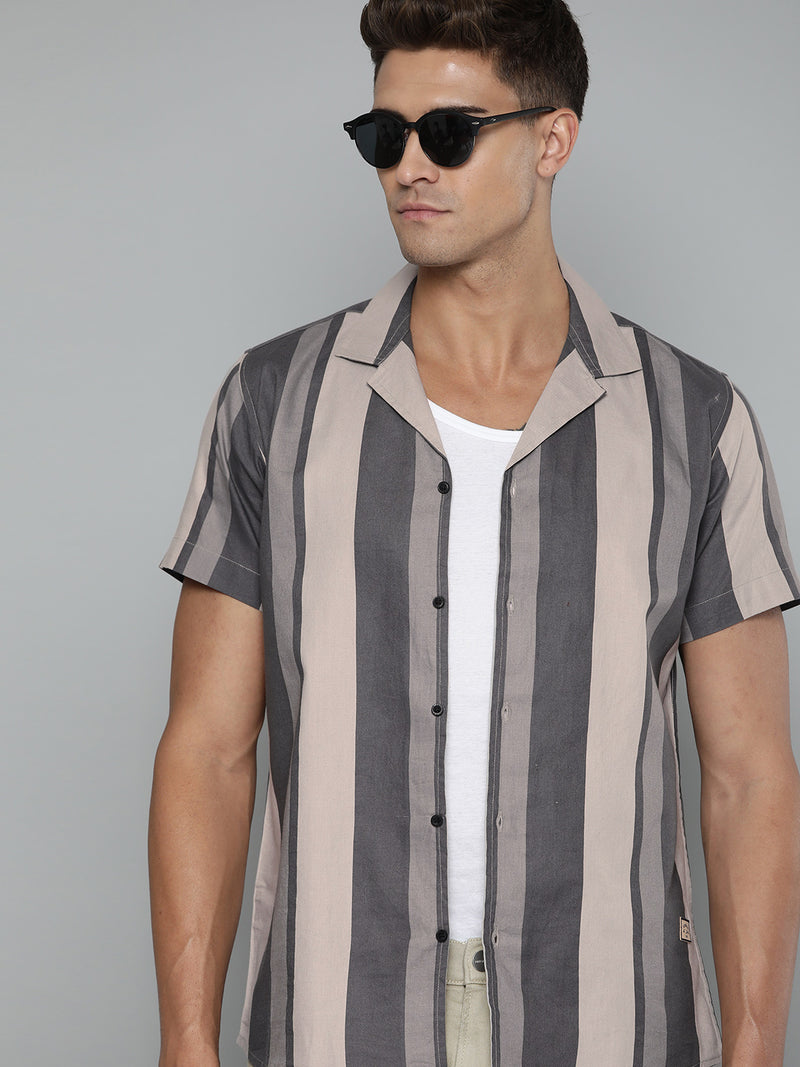 Beige: Full Sleeve Button-Down Collar Striped Shirt