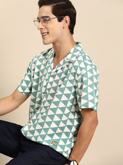 White & Green: Half Sleevew Block Printed Shirt