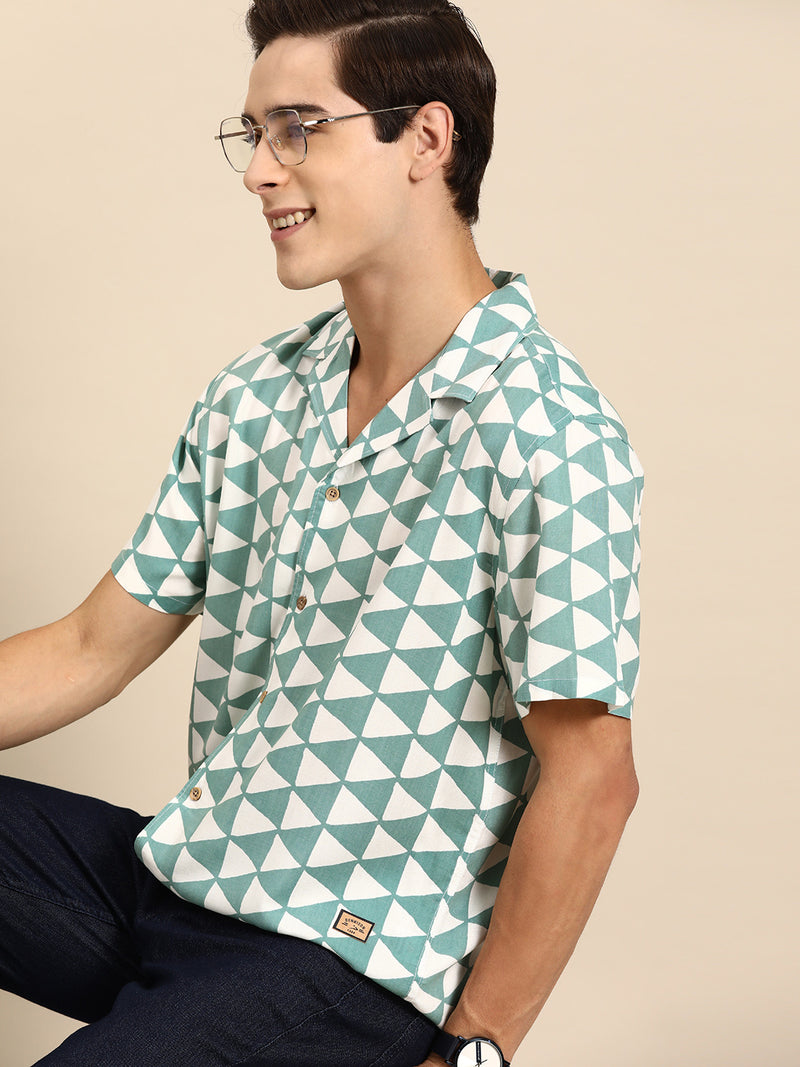White & Green: Half Sleevew Block Printed Shirt