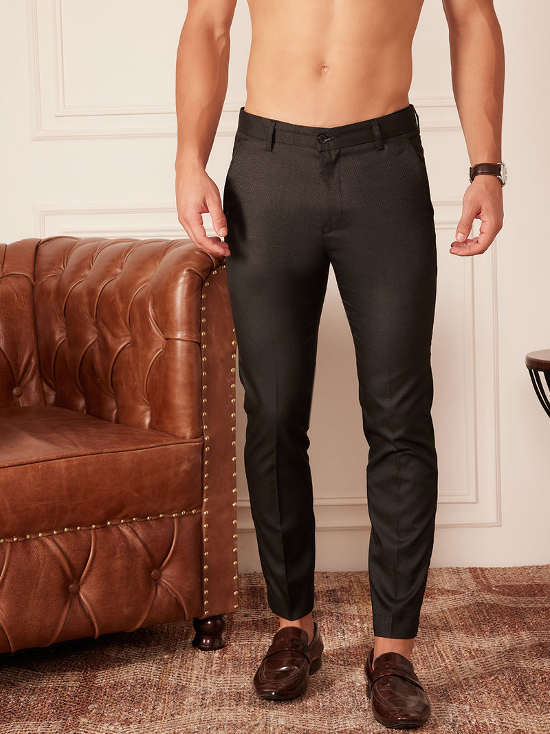 DENNISON Men Black Smart Tapered Fit Mid-Rise Easy Wash Trousers
