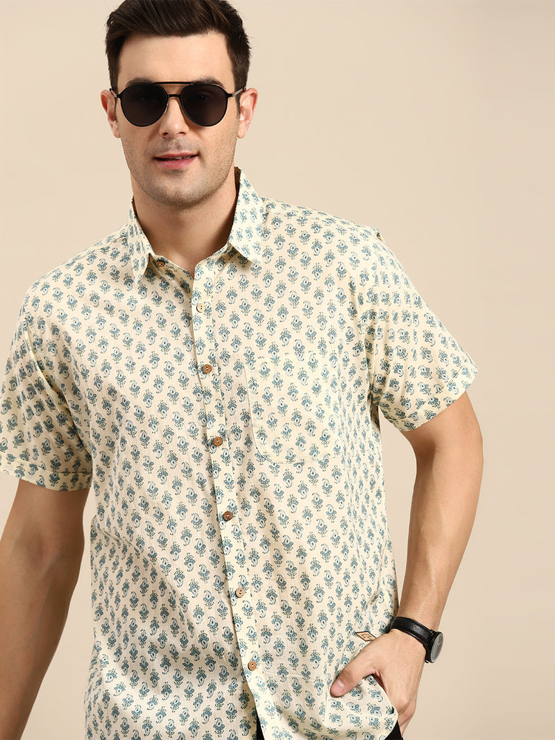 Beige: Half Sleeves Block Printed Shirt