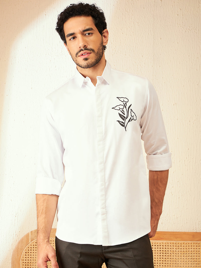 White: Full Sleeves Floral Printed Casual Shirt