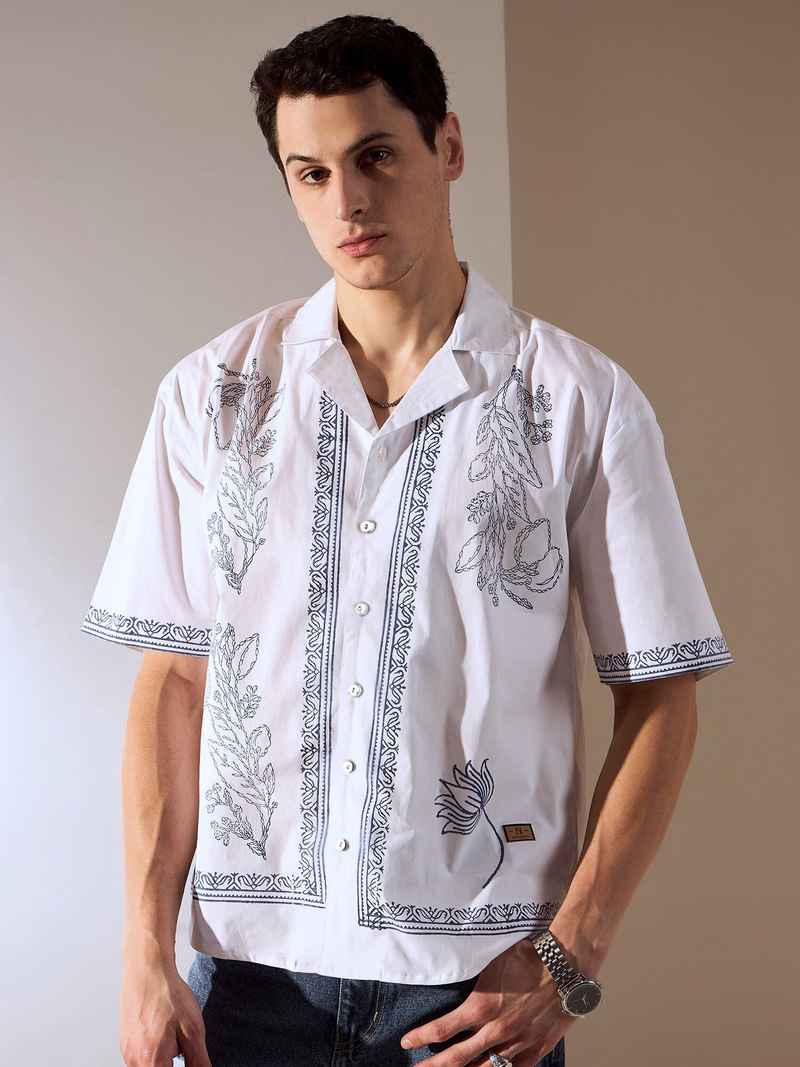Off White: Half Sleeves Hand Block Oversized Shirt