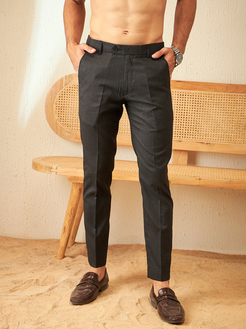DENNISON Men Dark Grey Textured Smart Tapered Fit Easy Wash Trousers
