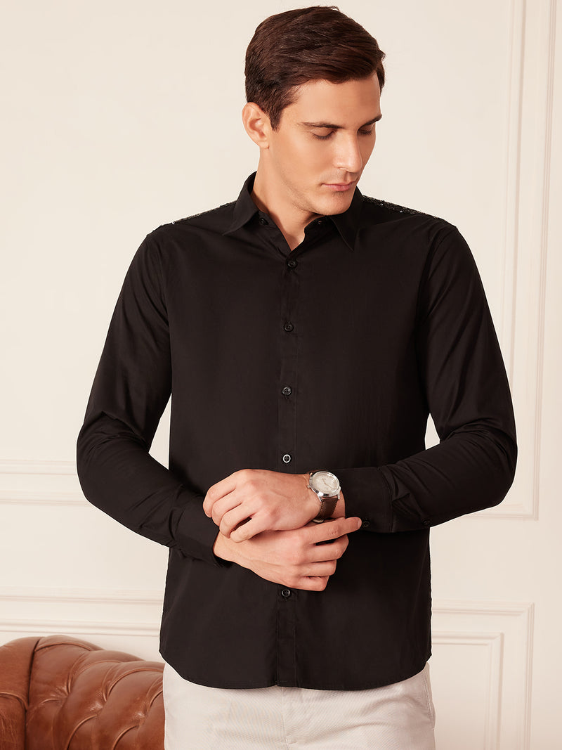Black: Full Sleeves Seqinned Shoulder Party Shirt