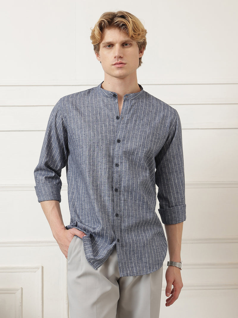 Vertical Striped Mandarin Collar Shirt