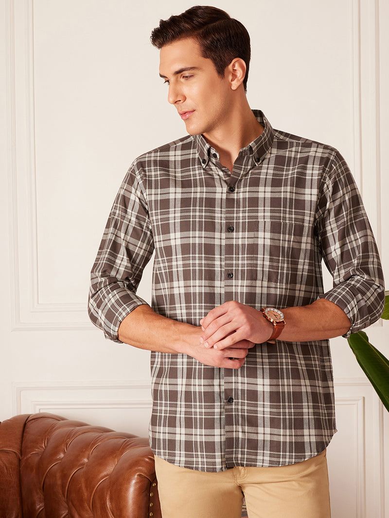 DENNISON Smart Tartan Checked Button-Down Collar Cotton Casual Shirt