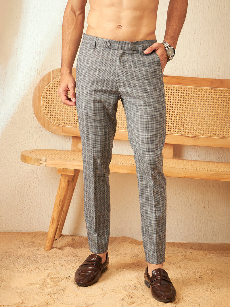 DENNISON Men Checked Smart Tapered Fit Easy Wash Grey Trouser