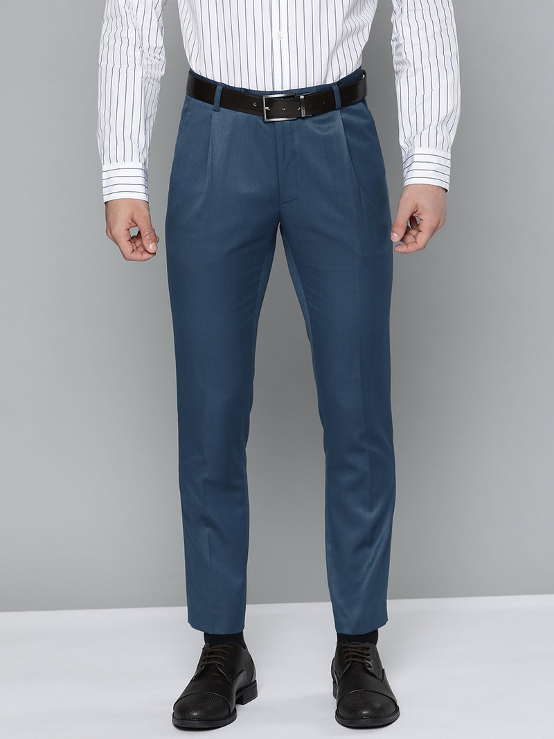 DENNISON Men Teal Blue Smart Tapered Fit Pleated Trousers