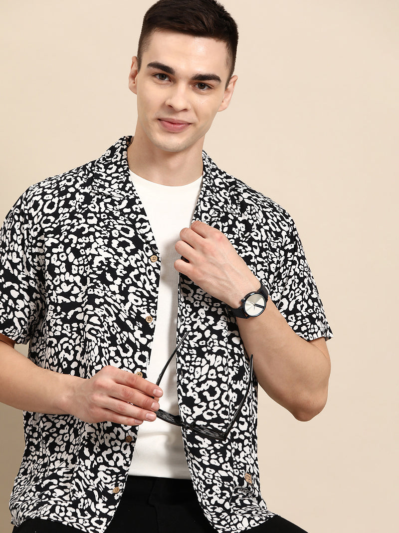 DENNISON Men Black Smart Abstract Printed Cuban Collar Casual Shirt