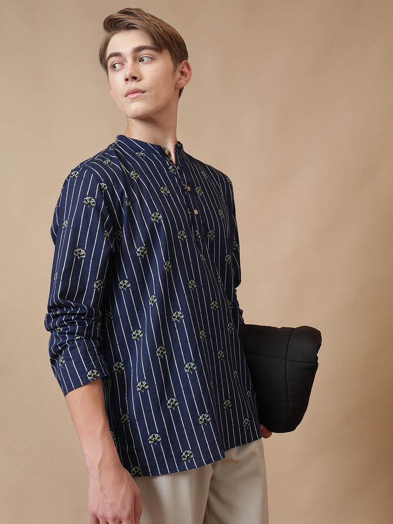 Mandarin Flower Striped Short Kurta