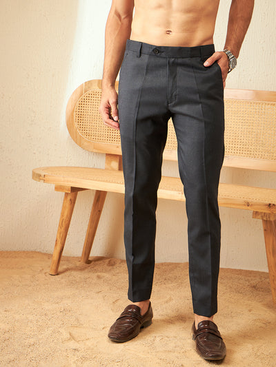 DENNISON Men Navy Blue Textured Smart Tapered Fit Easy Wash Trousers
