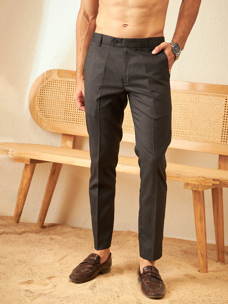 DENNISON Men Charcoal Textured Smart Tapered Fit Easy Wash Trousers
