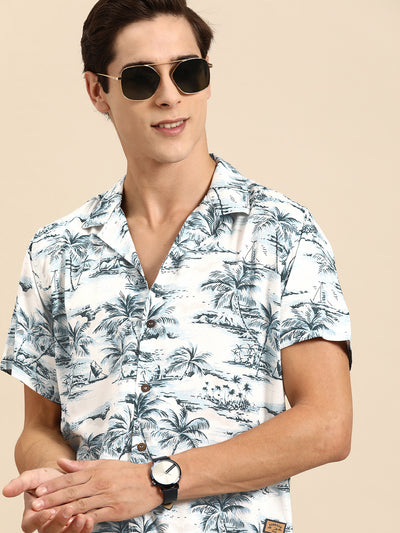 White: Half Sleeves Cuban Collar Casual Floral Printed Shirt