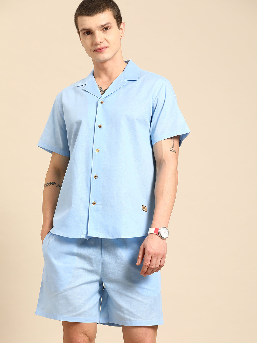 Dennison Solid Cuban Collar Comfort Fit Shirt With Shorts Co-ords