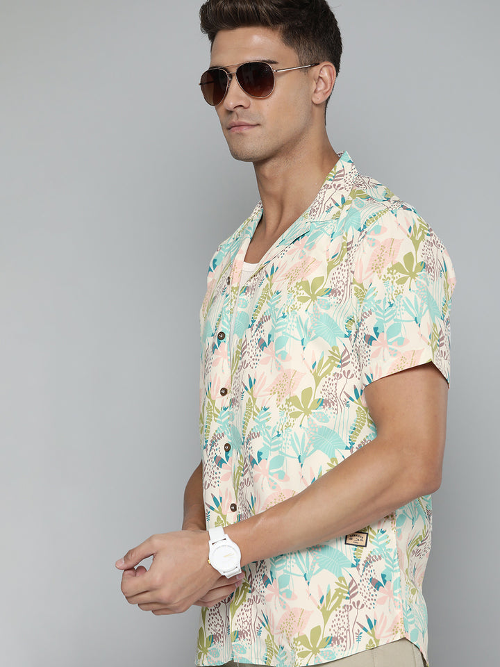 DENNISON Men Cream-Coloured Smart Slim Fit Floral Printed Casual Shirt