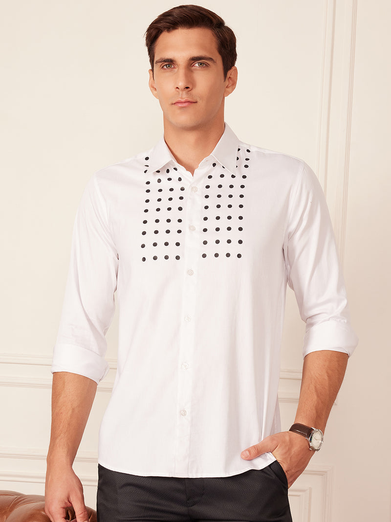 White: Full Sleeves Polka Dot Printed Party Shirt