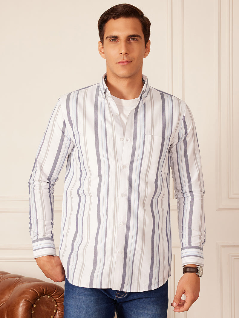 White & Blue: Full Sleeve Button-Down Collar Striped Shirt