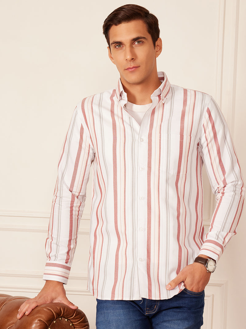 White: Full Sleeve Button-Down Collar Striped Shirt