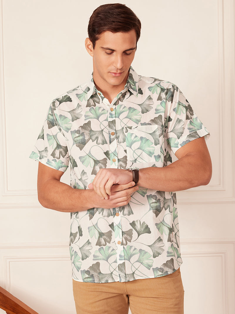 White & Green: Half Sleeves Block Printed Shirt