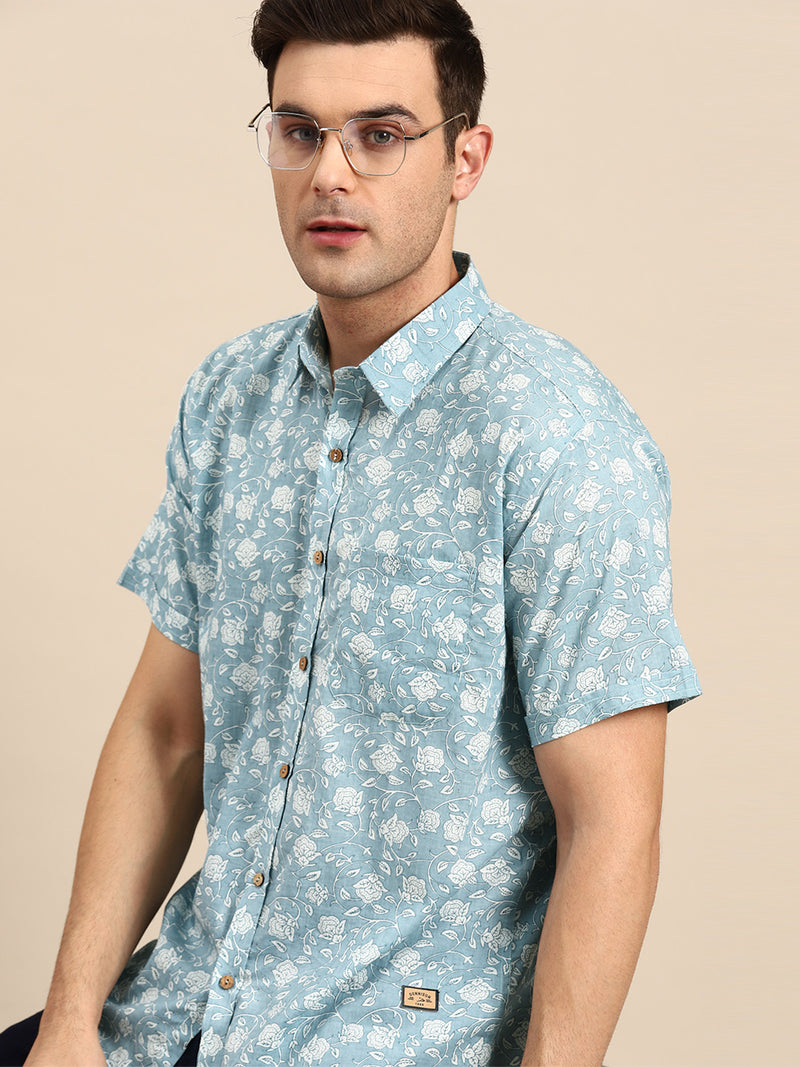 Turquoise Blue: Half Sleeves Block Printed Shirt