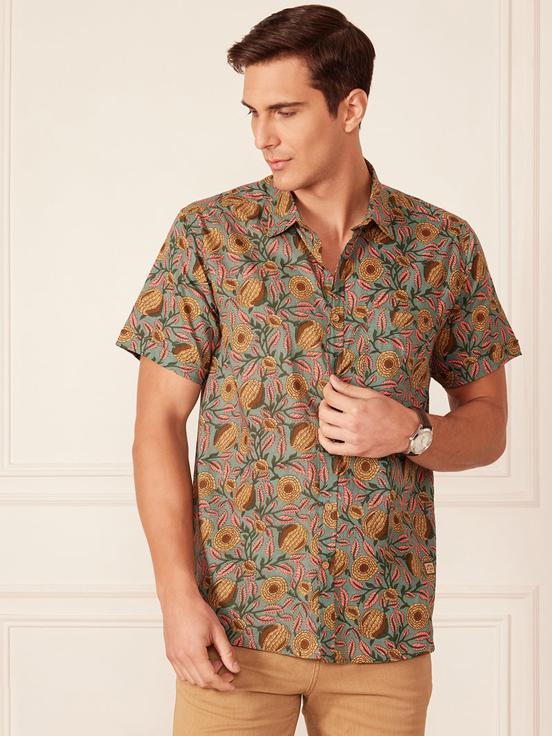 Steel Blue: Half SleevesBlock Printed Shirt