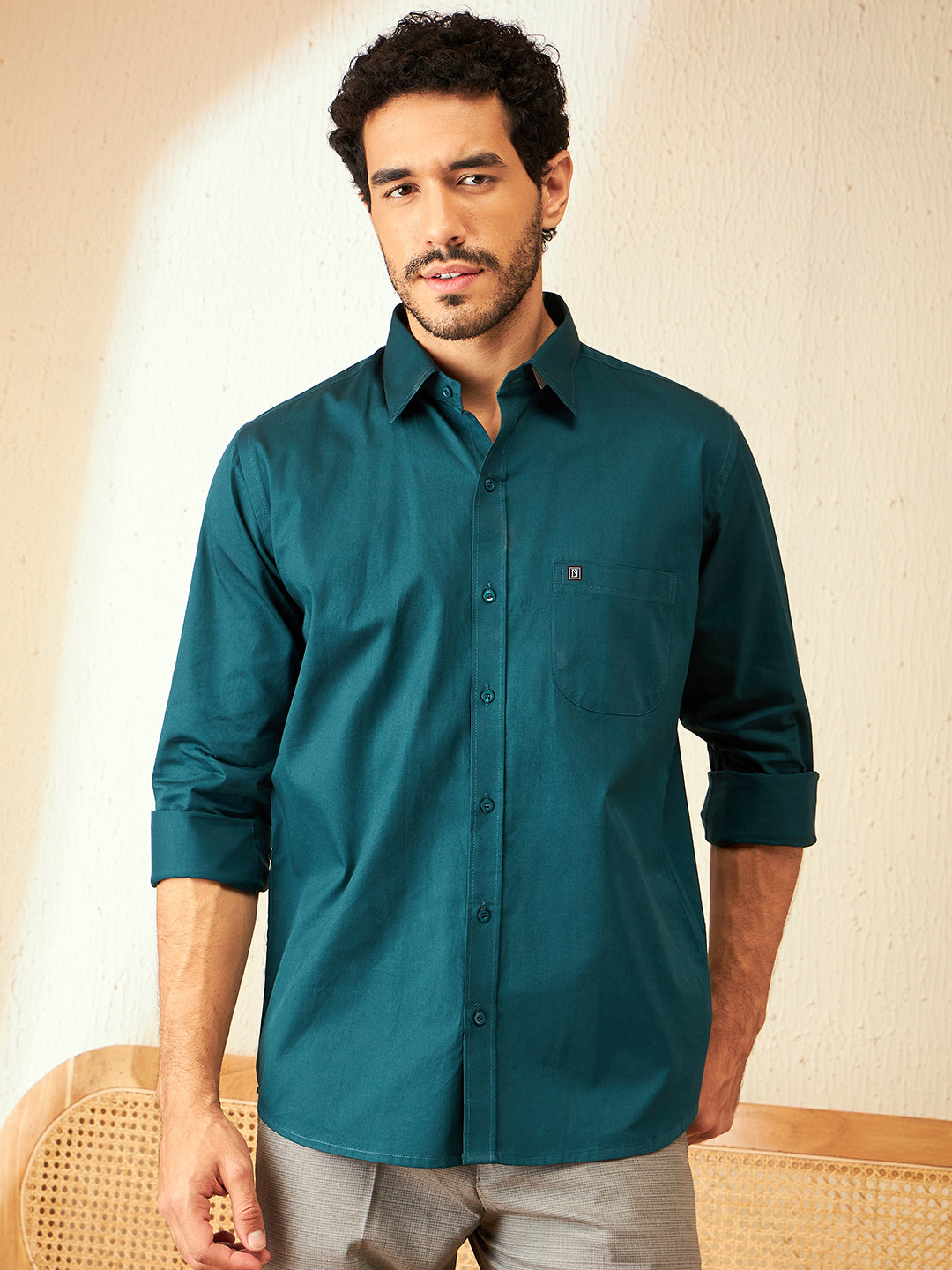 DENNISON Teal Smart Spread Collar Cotton Formal Shirt