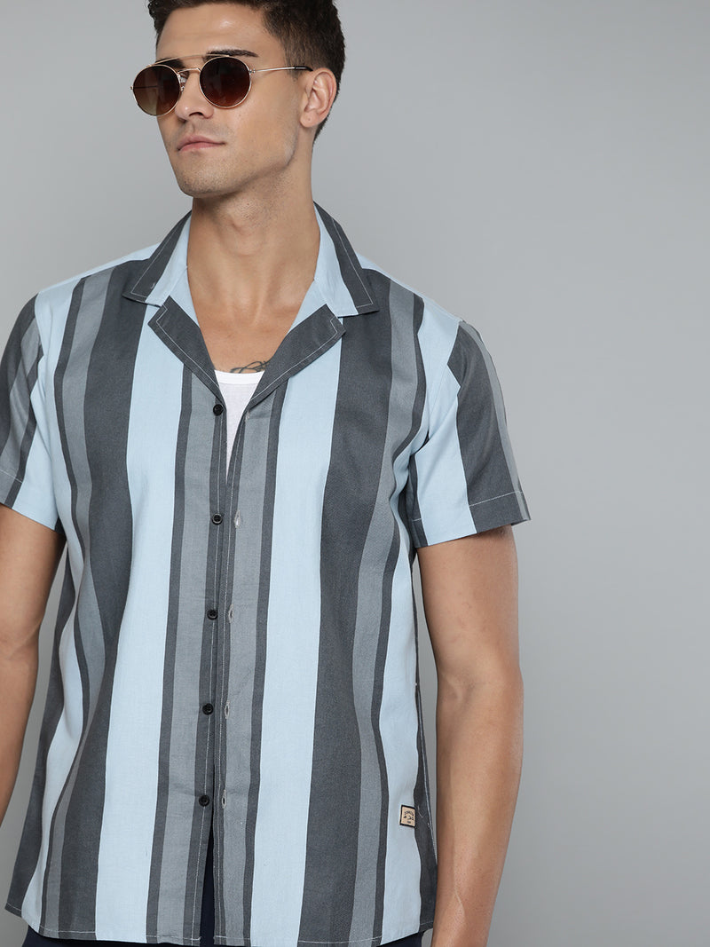 Blue: Full Sleeve Button-Down Collar Striped Shirt